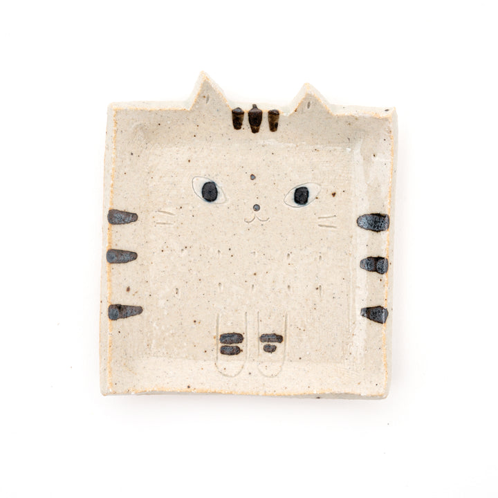 HANDMADE SMALL SQUARE CAT PLATE - off white