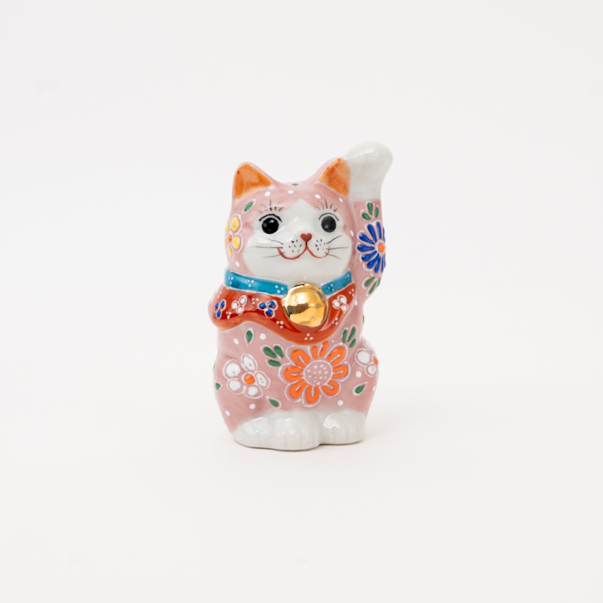 Handmade Kutani Lucky Cat Maneki Neko Pink Floral Made in Japan