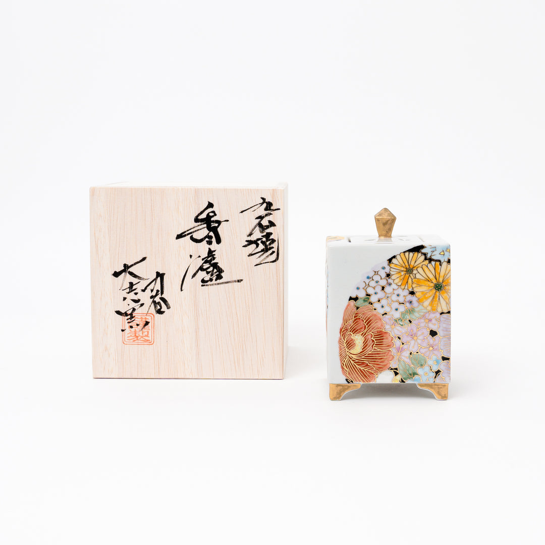 Japanese Handmade Kutani Yaki  Floral Incense Burner by Tashi Kiln