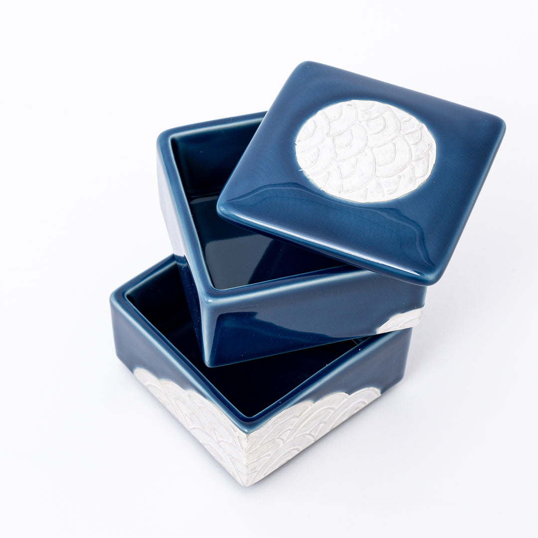 HANDCRAFTED DOUBLE-LAYERED Blue and Silver Clouds DISH WITH LID