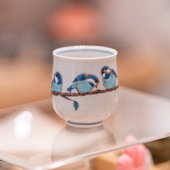 Kutani Ware Tea Cup: Hand-Painted Blue Birds Yunomi