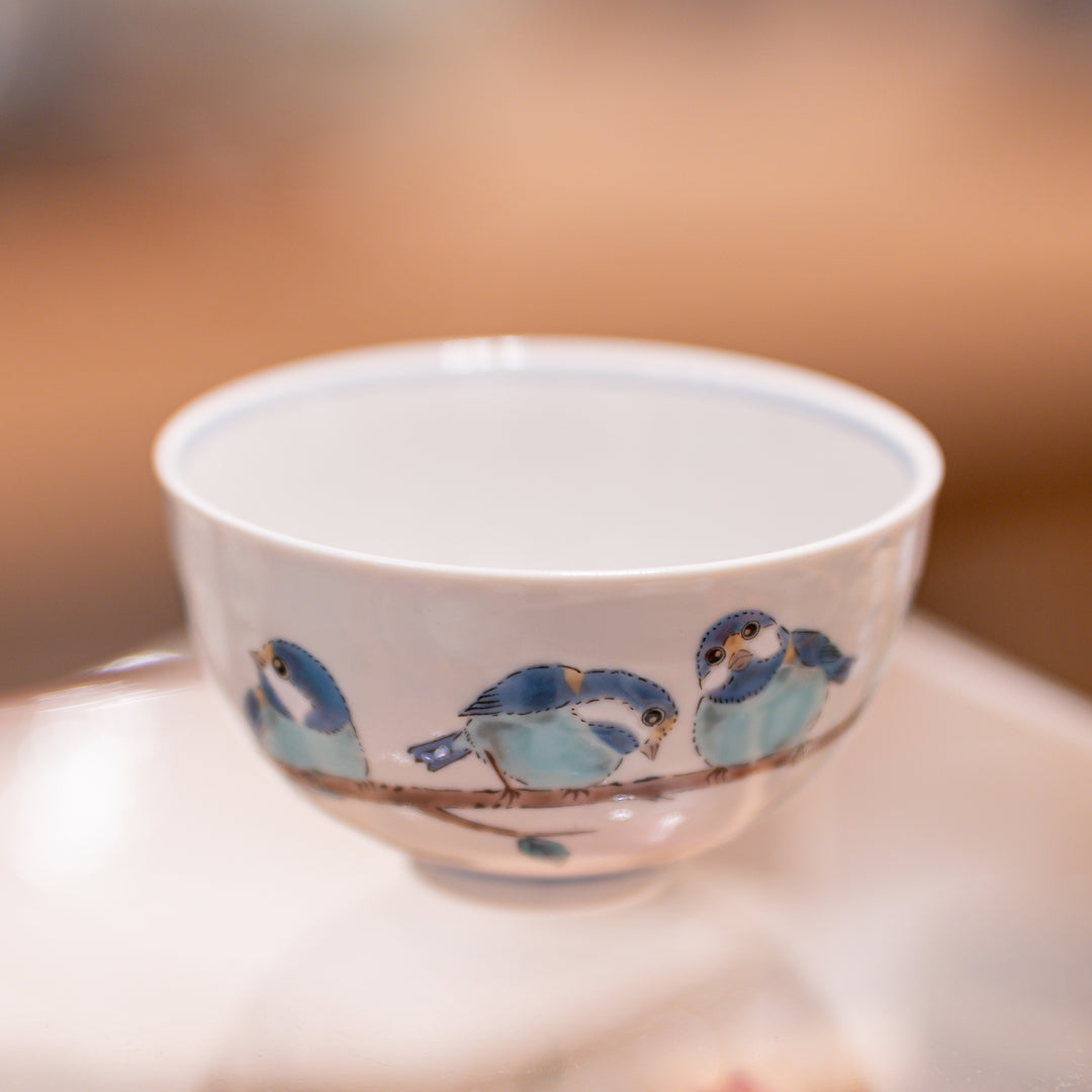 Kutani Hand-Painted Blue Tit Tea & Rice Bowl