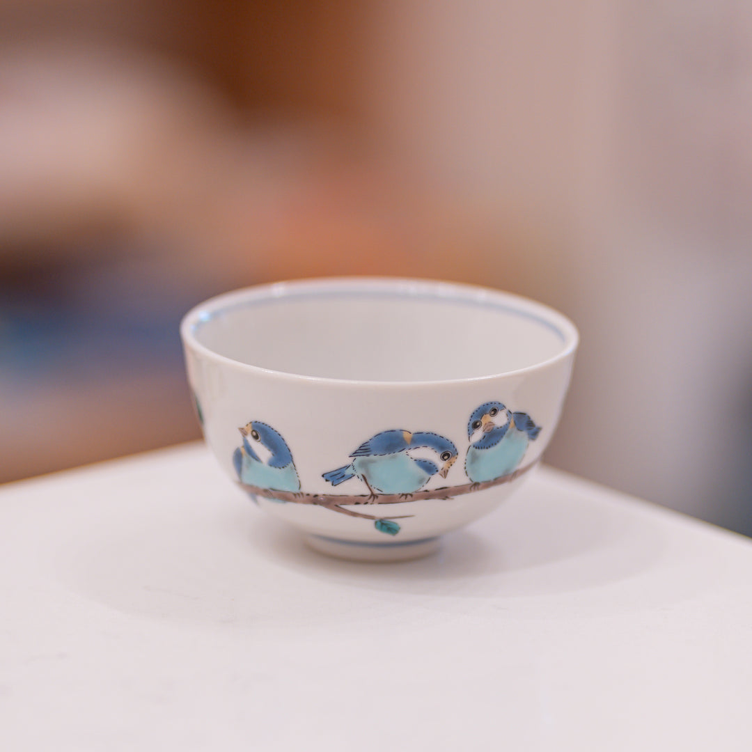 Kutani Hand-Painted Blue Tit Tea & Rice Bowl