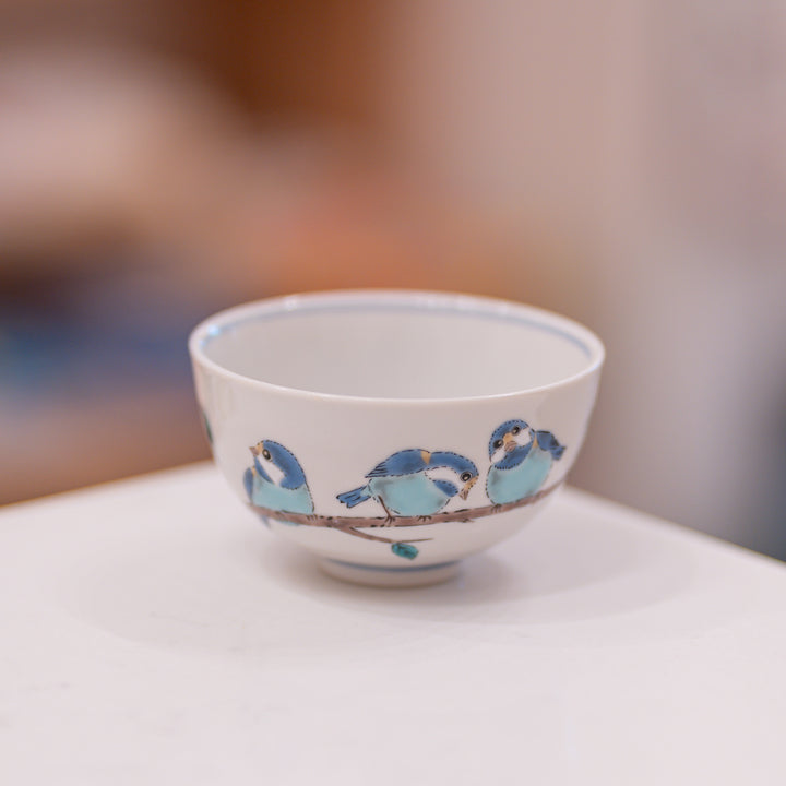 Kutani Hand-Painted Blue Tit Tea & Rice Bowl