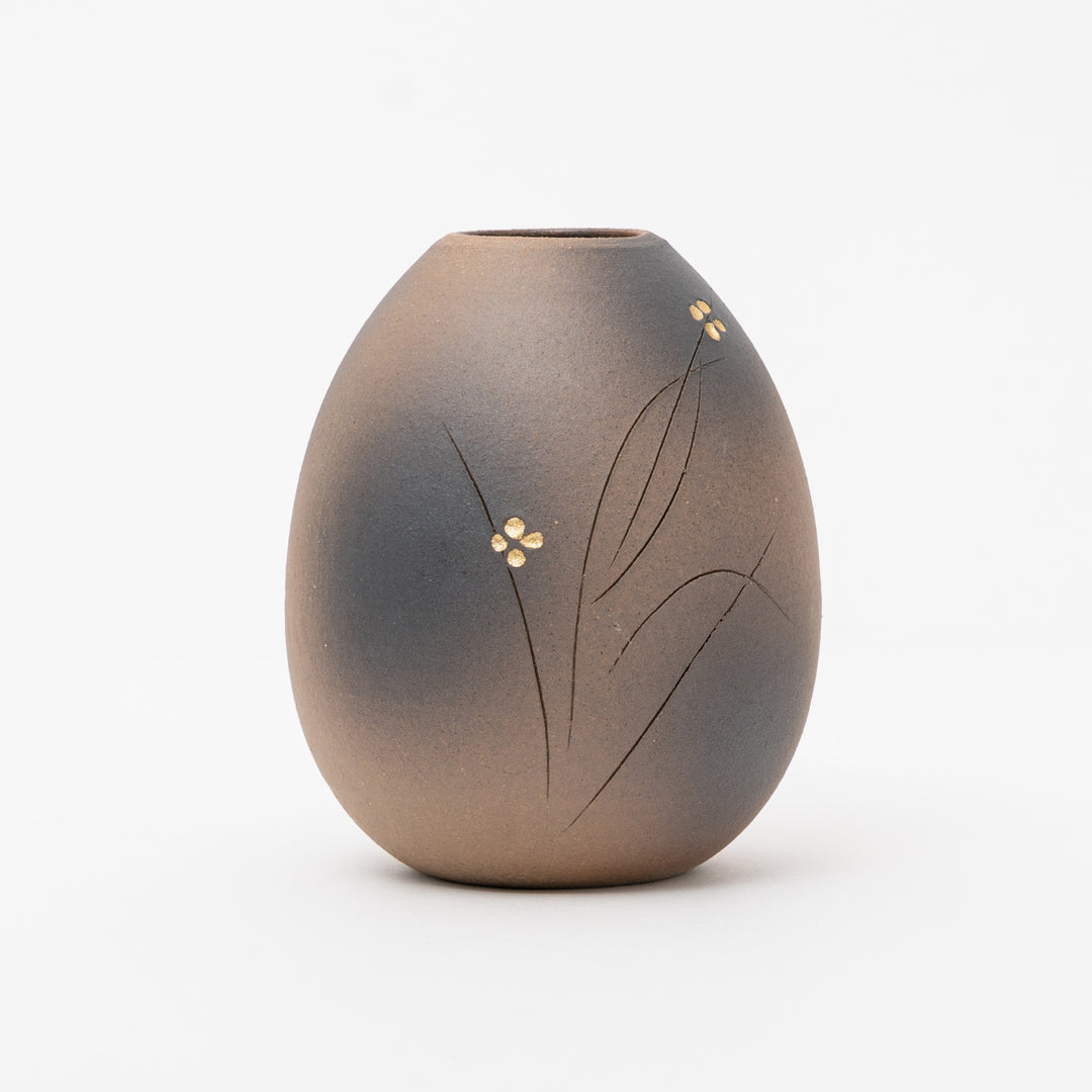 Handmade Shigaraki Egg Vase | Gradient Glaze & Gold Floral Ikebana Art 