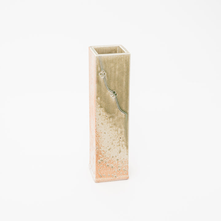 Modern Shigaraki Tall Rectangular Vase | Two-Tone Finish with Delicate Flowers