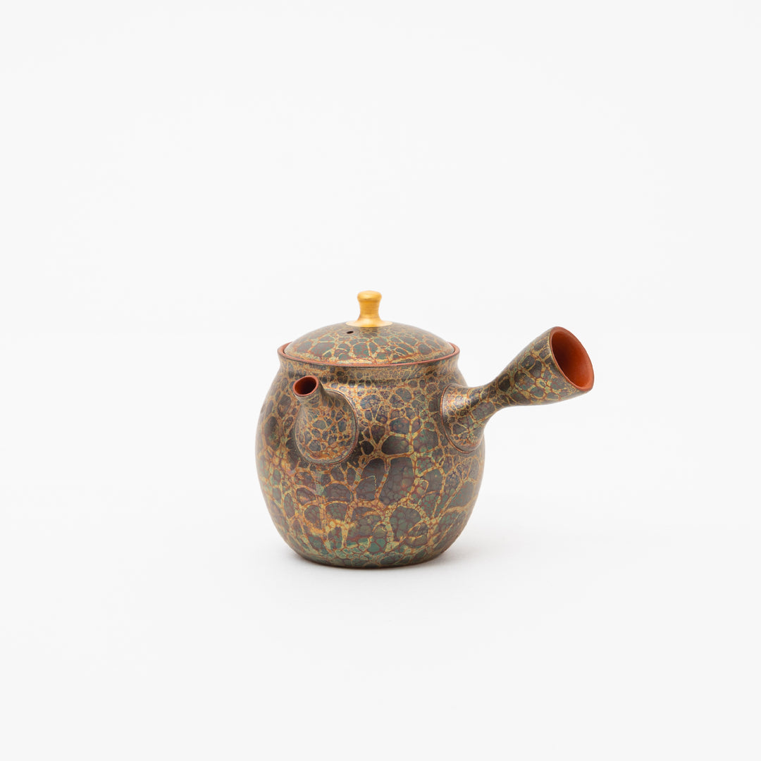 Handcrafted Japanese Tokoname Ware Kyusu teapot by master Shoryu (Shoji Umehara), with iridescent Tenmoku glaze and side handle