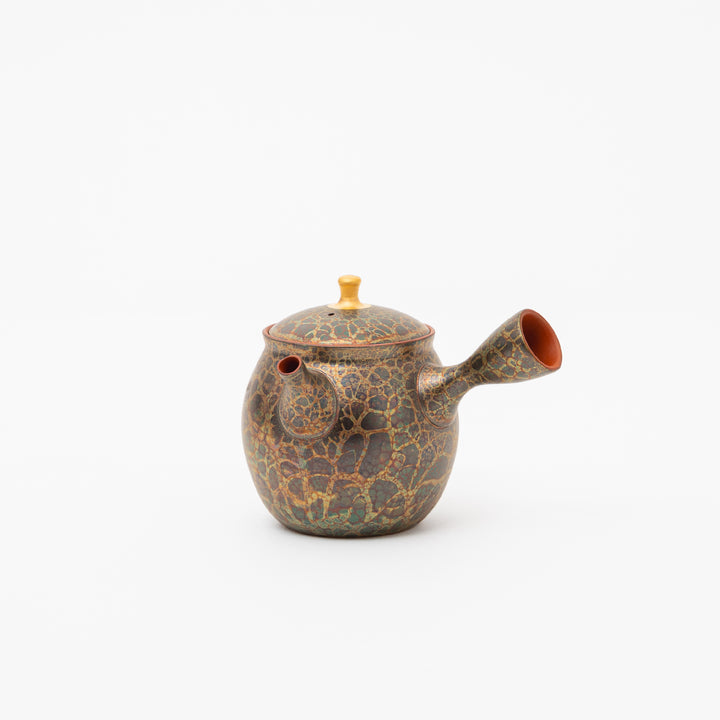 Handcrafted Japanese Tokoname Ware Kyusu teapot by master Shoryu (Shoji Umehara), with iridescent Tenmoku glaze and side handle