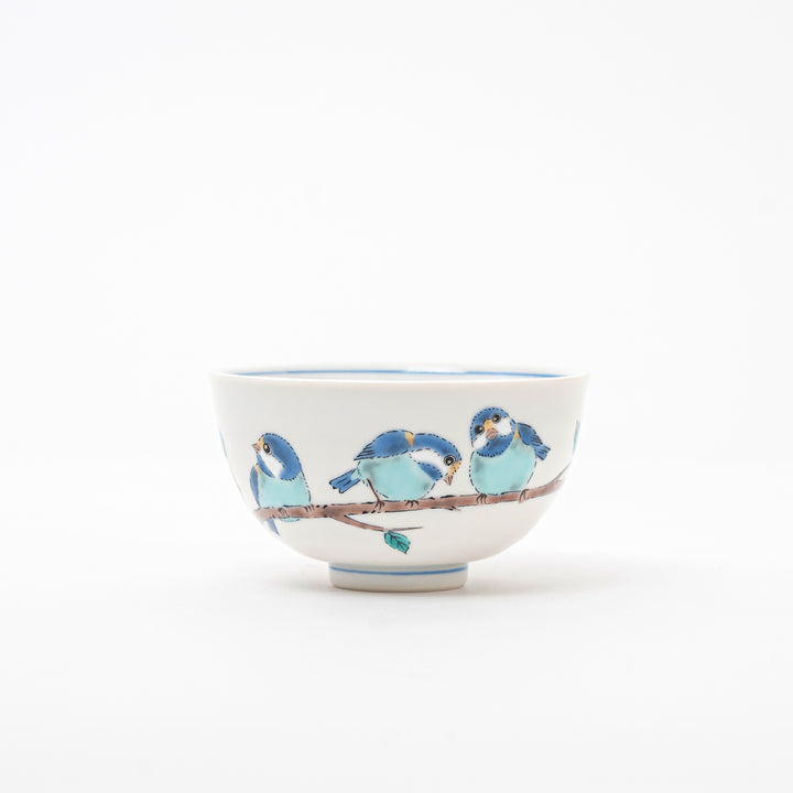 Kutani Hand-Painted Blue Tit Tea & Rice Bowl