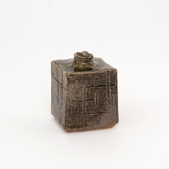 Dark earth square Shigaraki mini vase with geometric texture