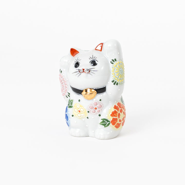 Floral Kutani lucky cat figurine, hand-painted Japanese maneki neko, small ceramic desk decor