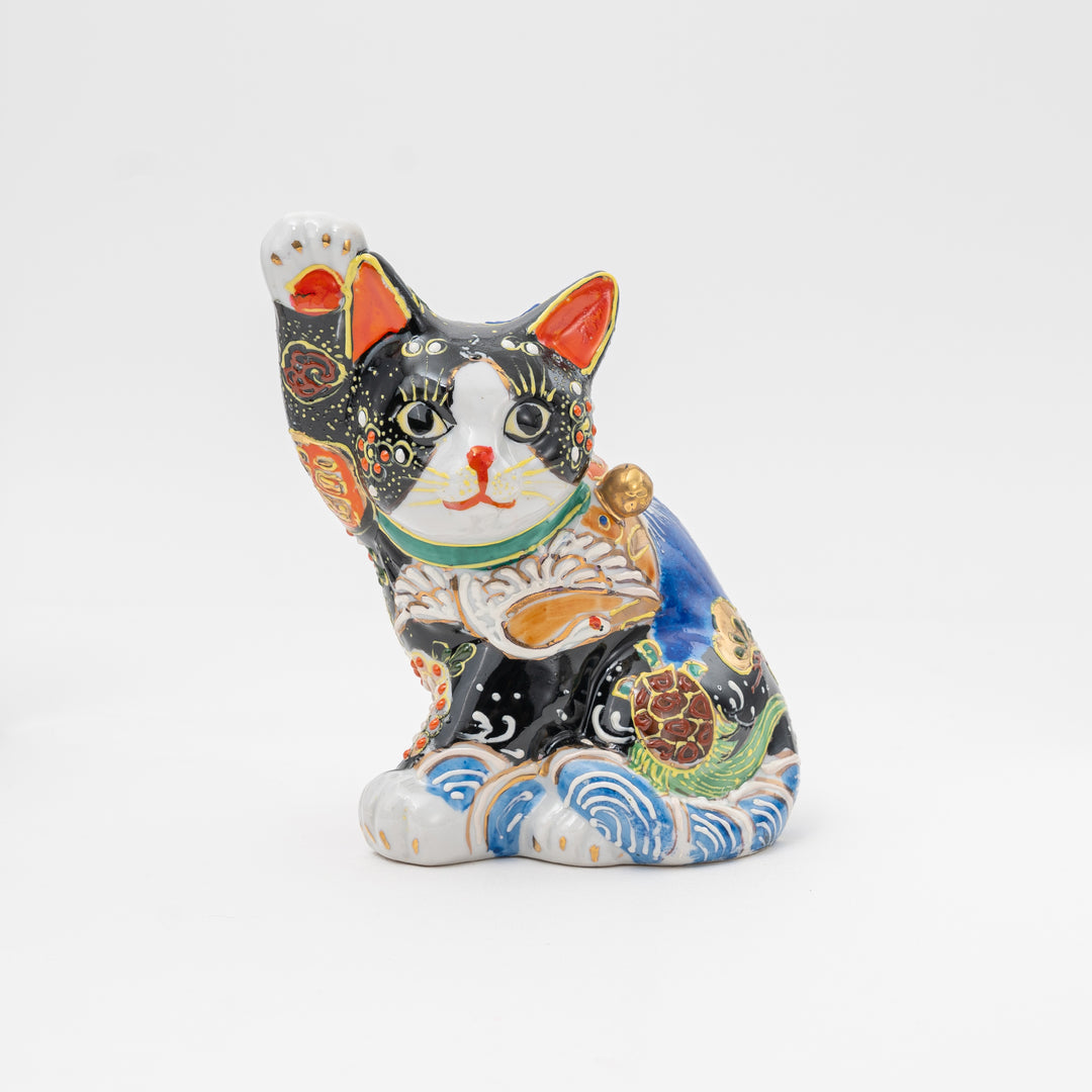 Handmade Kutani Fuji Mountain Black Maneki Neko | Lucky Cat Made in Japan