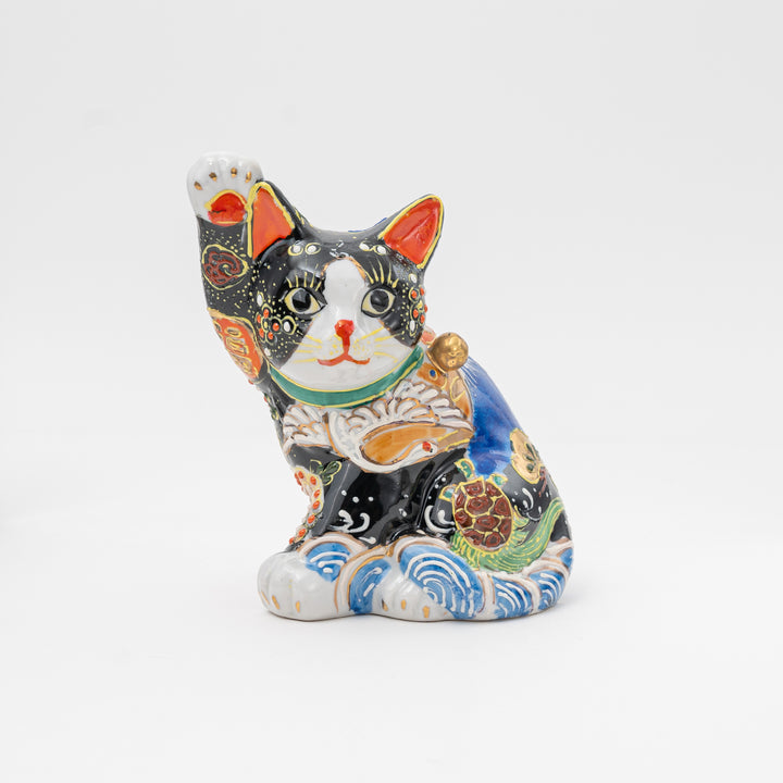 Handmade Kutani Fuji Mountain Black Maneki Neko | Lucky Cat Made in Japan