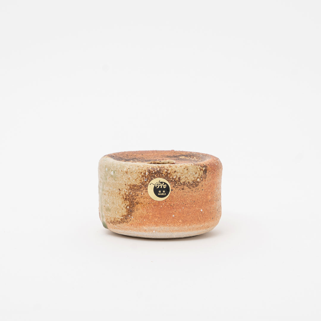 Handmade Japanese Shigaraki Ware ceramic cylinder vessel with natural brown and beige ash glaze and circular opening