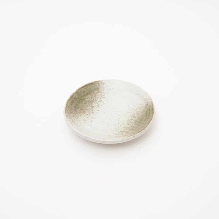 Japanese Mino Ware speckled ceramic plate in white and natural green, approx 13.5cm diameter, for appetizers, desserts, or sauces