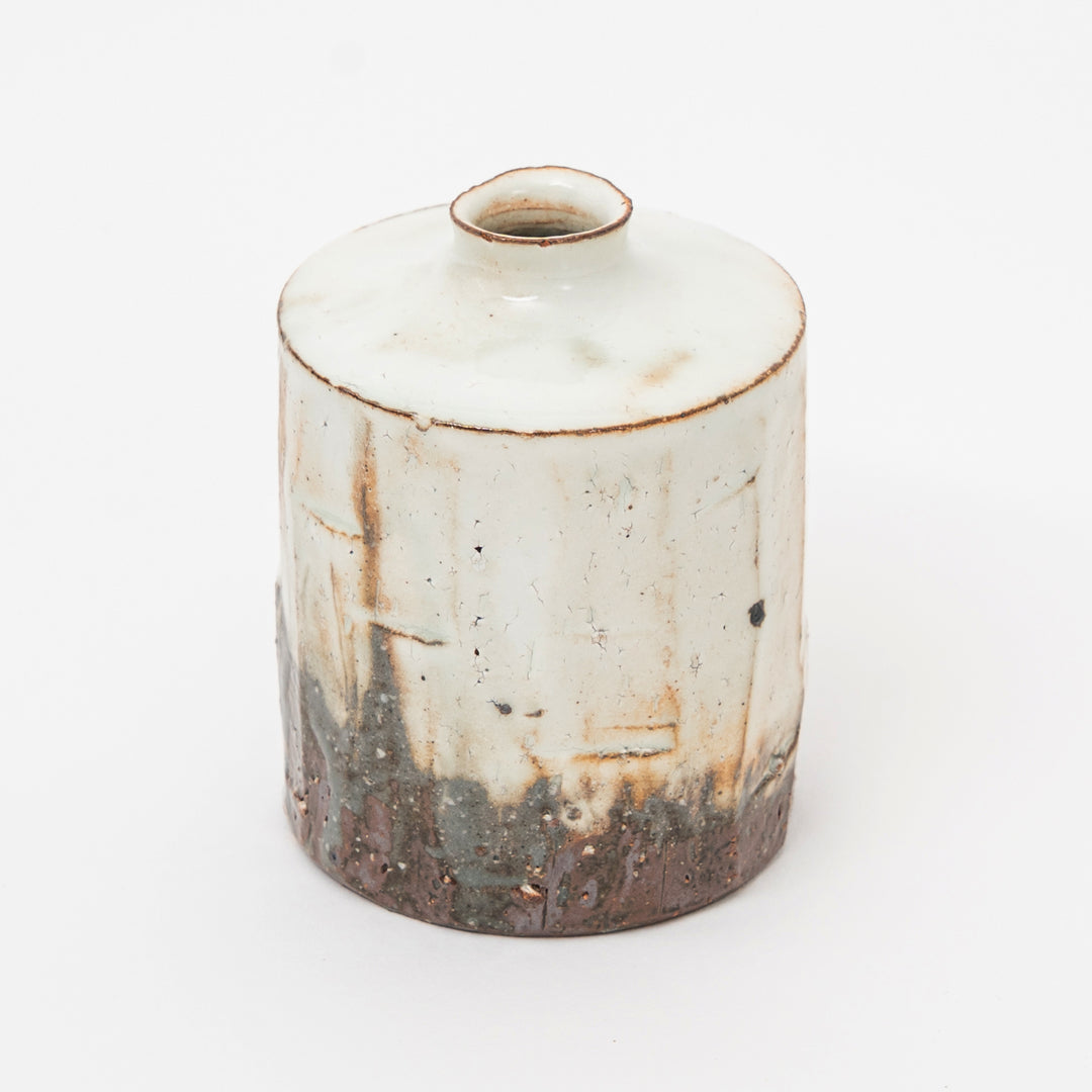 Handmade rustic Japanese Shigaraki Ware mini ceramic flower vase with natural ash glaze