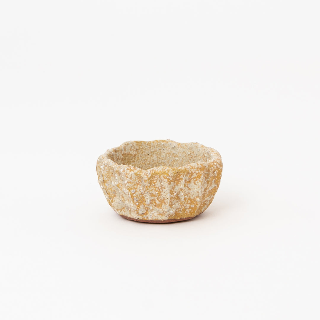 Japanese ash-glazed low round wildflower pot with rustic wabi-sabi ceramic texture
