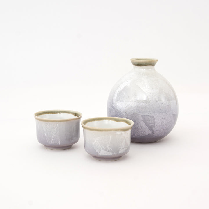 Japanese ceramic sake set with silver lavender glaze, 350 ml tokkuri and two matching sake cups