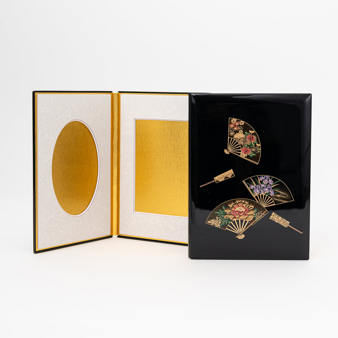 Japanese folding photo frame with traditional floral fan motif, made in Japan