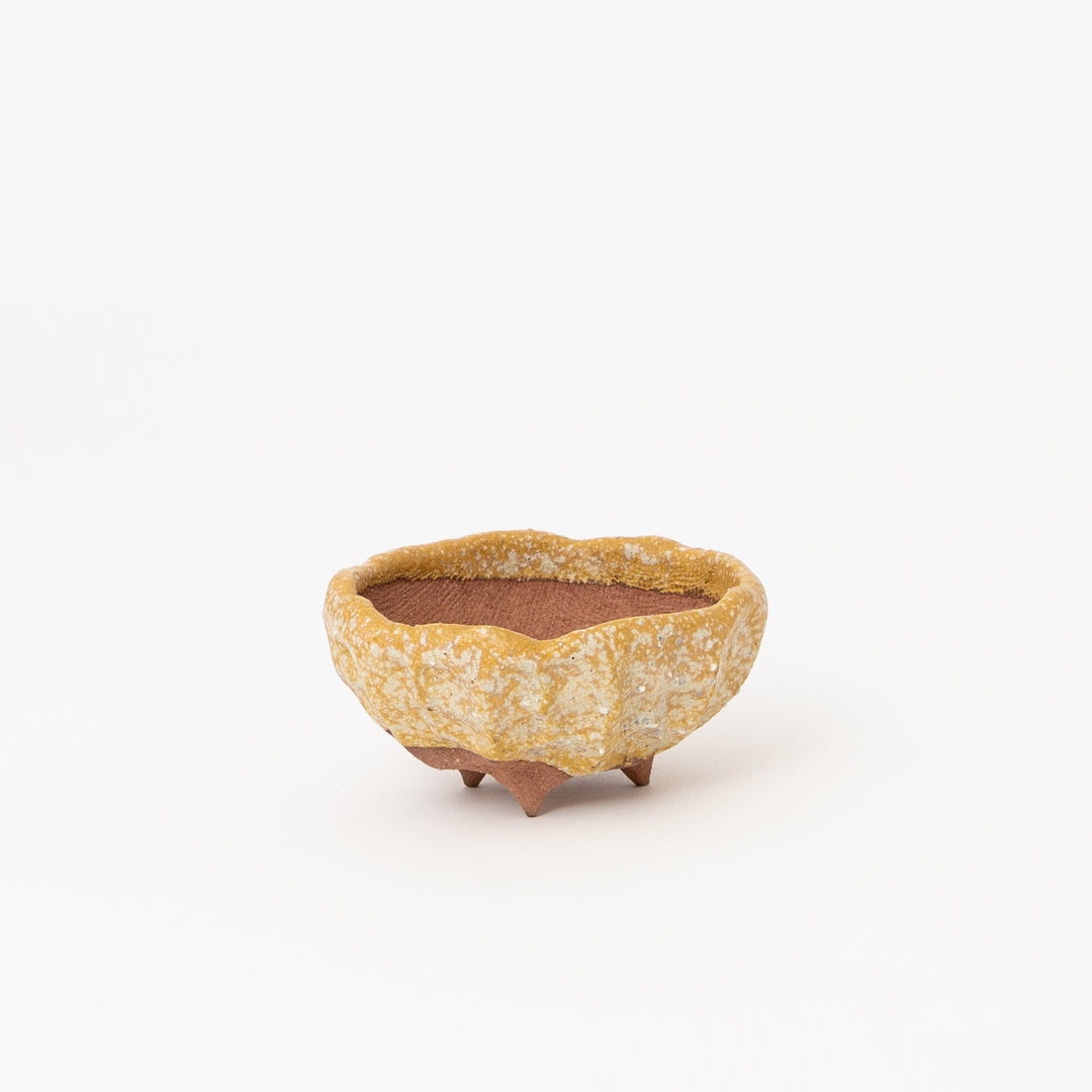 Japanese ochre three-footed wildflower garden pot with rustic textured ceramic finish