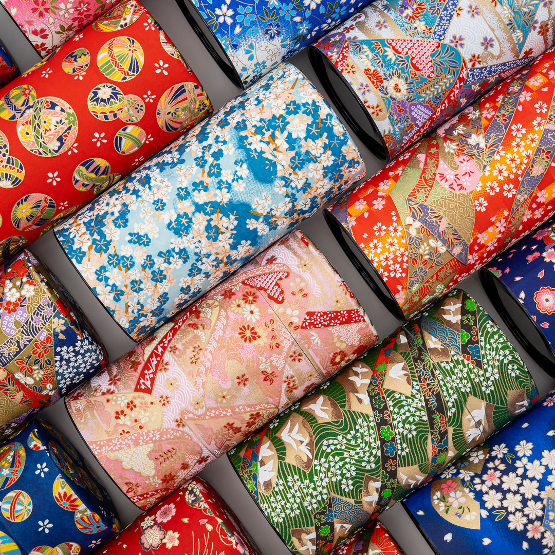 Japanese washi paper tea tin 200g in 20 traditional patterns, made in Japan
