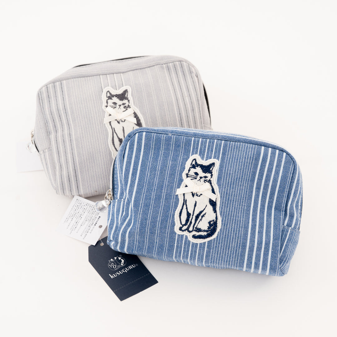 Kusuguru Japan bowtie cat striped canvas pouch in denim blue and slate grey with embroidered cat applique and double zipper closure