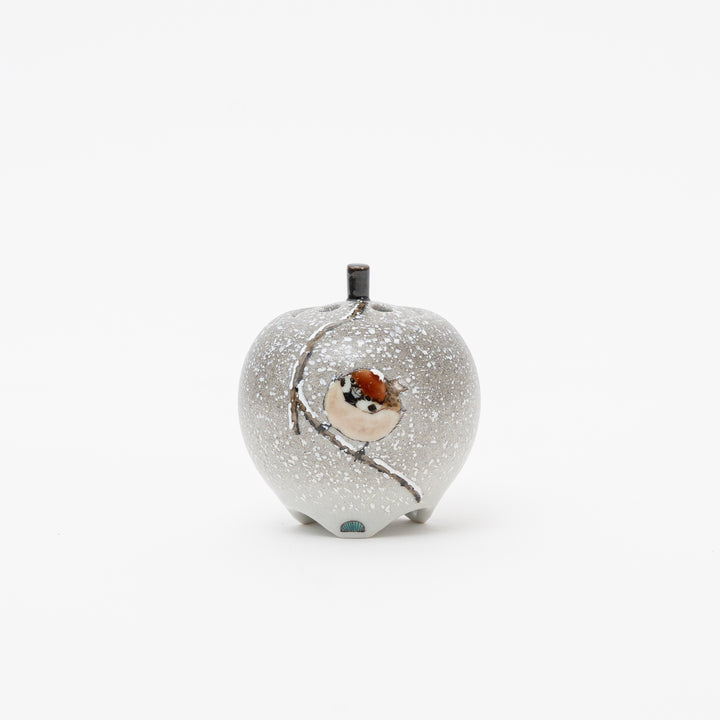 Handmade Kutani Ware Snow Sparrow Incense Burner by Nakamura Toshito, featuring fine detailed painting and snowy texture glaze, next to its grey presentation box.