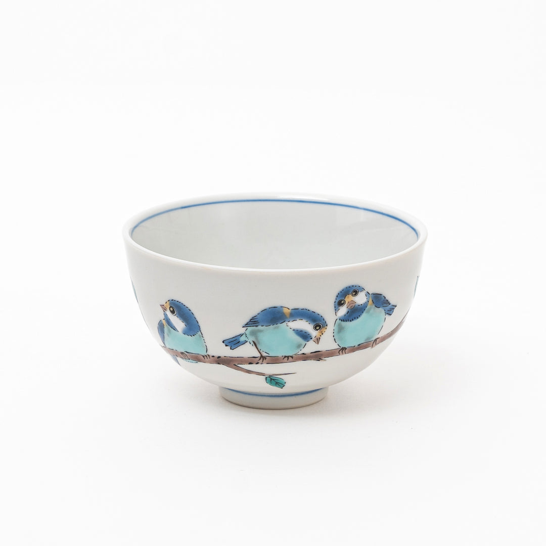 Ceramic bowl with blue bird design on a white background