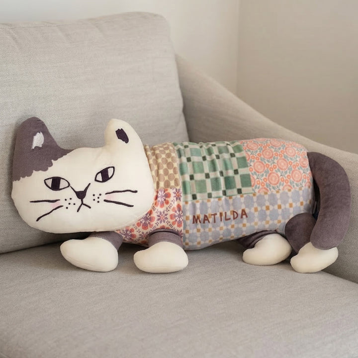 Matilda light patchwork cat plush pillow by Kusuguru Japan