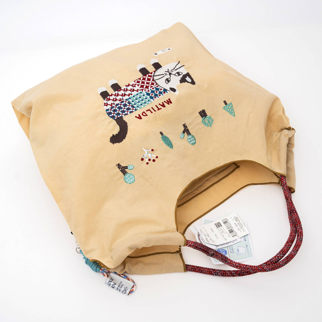 Kusuguru Japan Embroidered Cat Nylon Shoulder Tote Bag – Butter Yellow