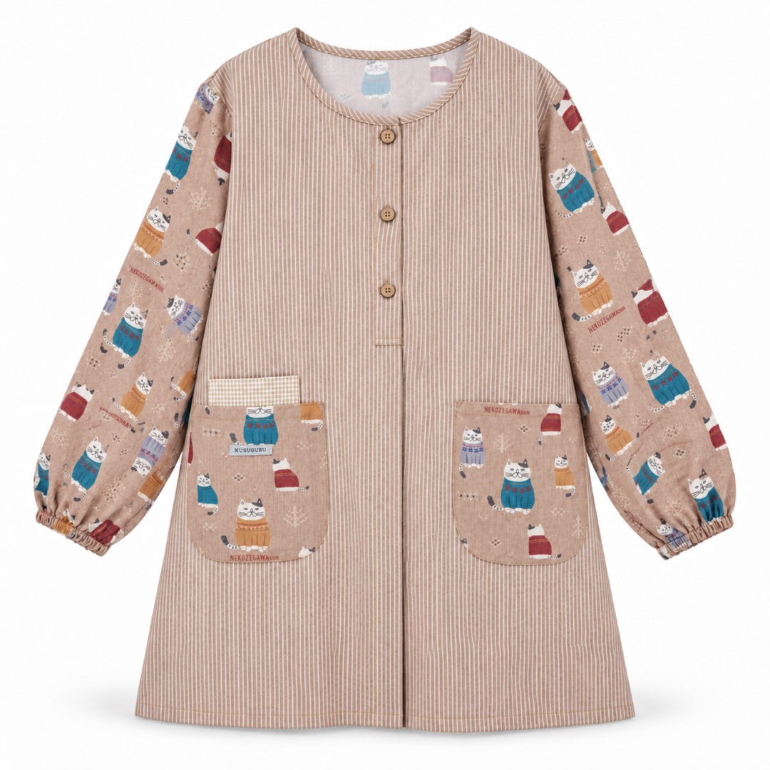 Kusuguru Japan Cat Long Sleeve Cotton Apron Smock-Beige main image