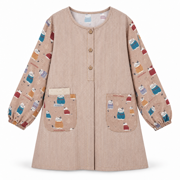 Kusuguru Japan Cat Long Sleeve Cotton Apron Smock-Beige main image