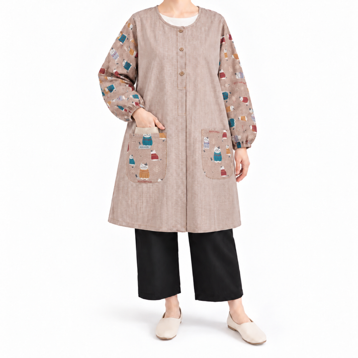 Kusuguru Japan Cat Long Sleeve Cotton Apron Smock-Beige image 2