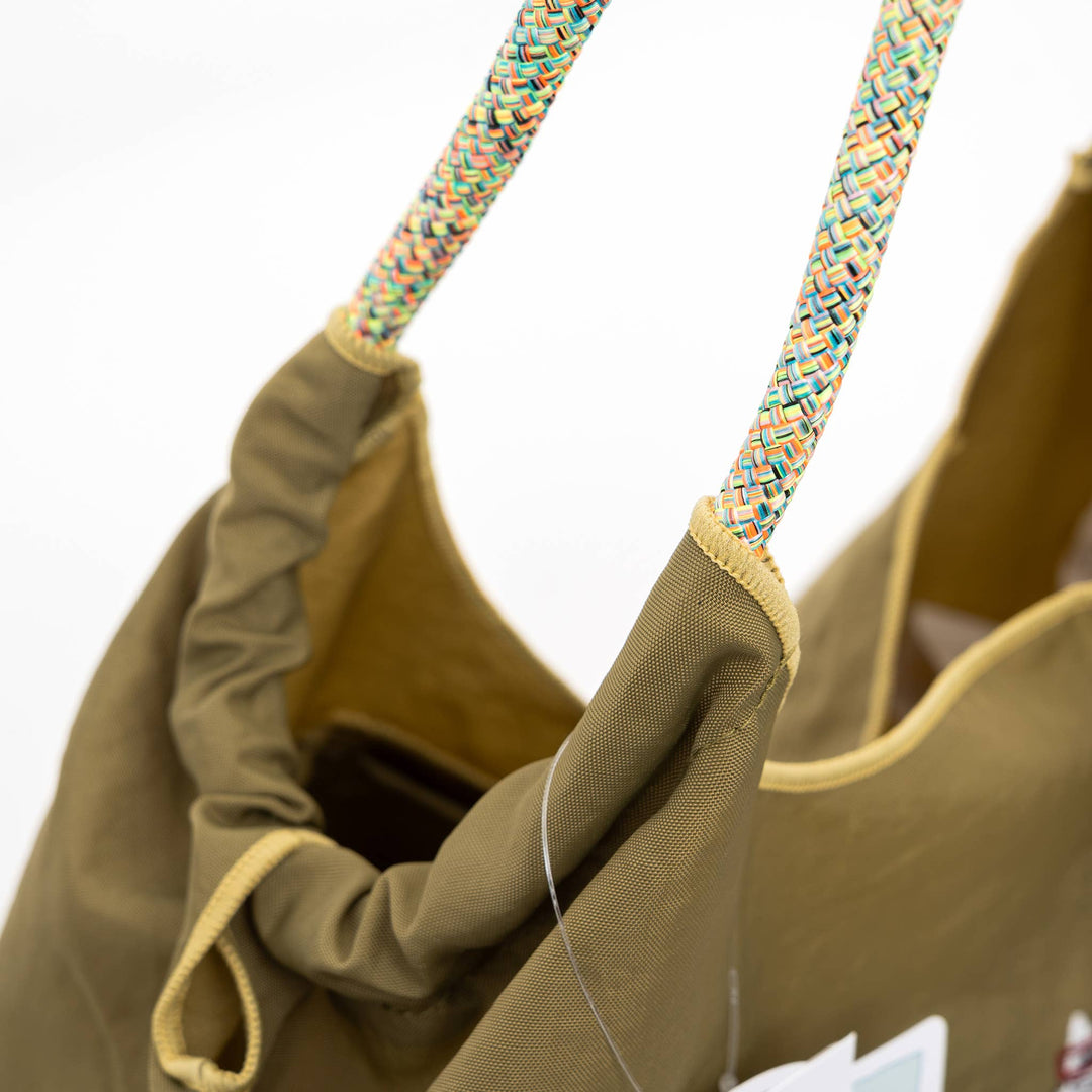 Kusuguru Japan Embroidered Cat Nylon Shoulder Tote Bag – Olive Green