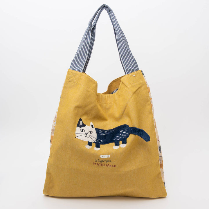 Kusuguru Japan Cats Embroidered Large Tote Bag -Yellow
