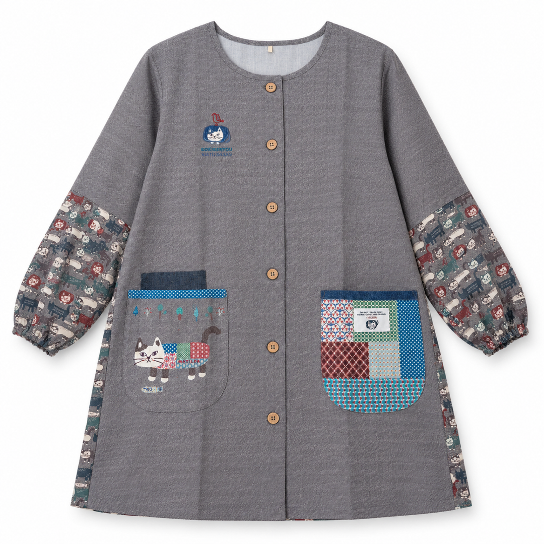 Kusuguru Japan Cat Patchwork Long Sleeve Smock Apron-Gray main image