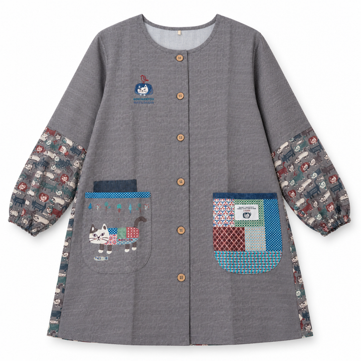 Kusuguru Japan Cat Patchwork Long Sleeve Smock Apron-Gray main image