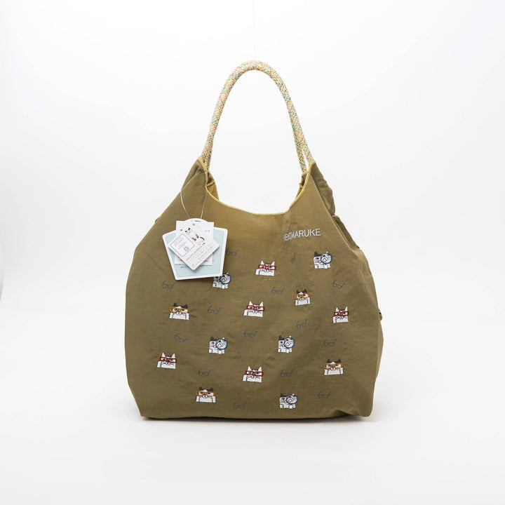 Kusuguru Japan Embroidered Cat Nylon Shoulder Tote Bag – Olive Green