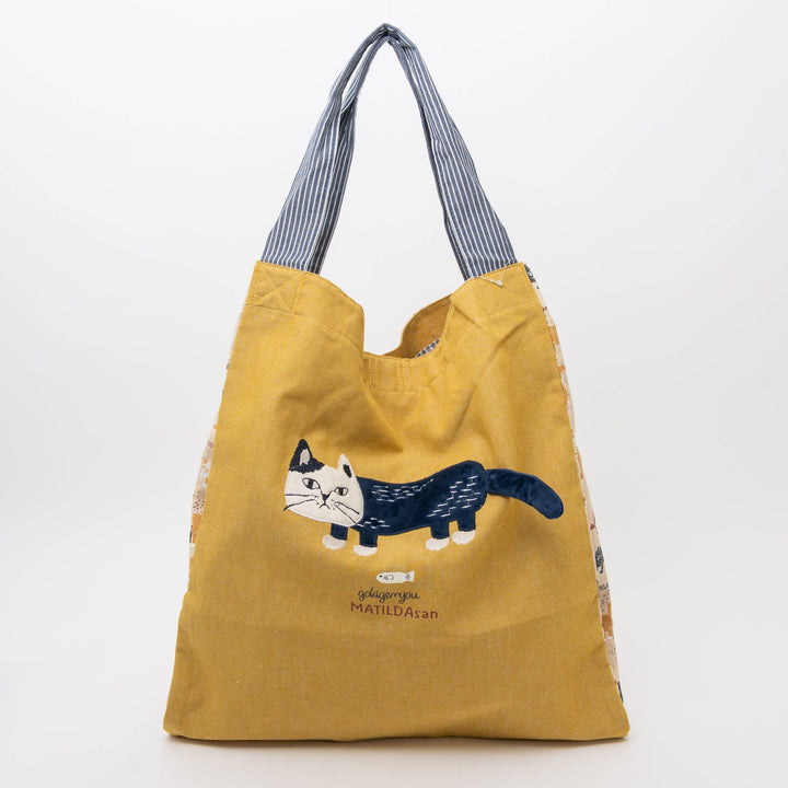 Kusuguru Japan Cats Embroidered Large Tote Bag -Yellow