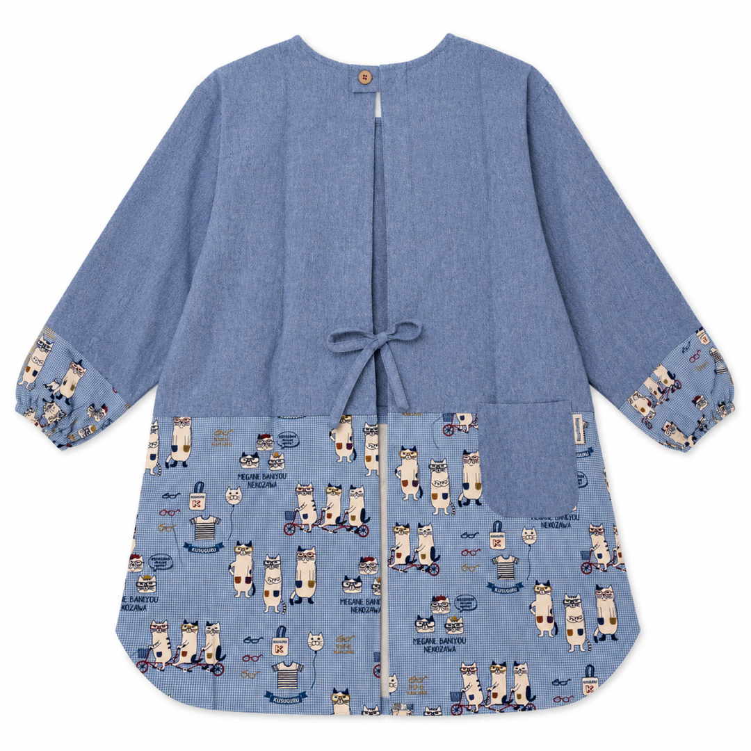 Kusuguru Japan Cat Print Long Sleeve Smock Apron-blue image 2