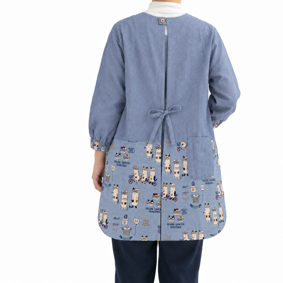 Kusuguru Japan Cat Print Long Sleeve Smock Apron-blue image 4