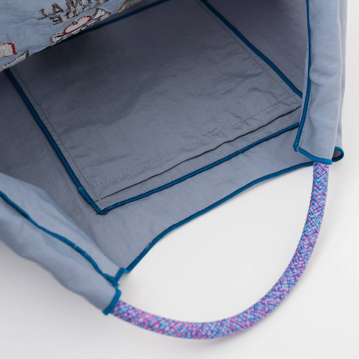 Kusuguru Embroidered Cat Nylon Shoulder Tote bag -Dusty Blue