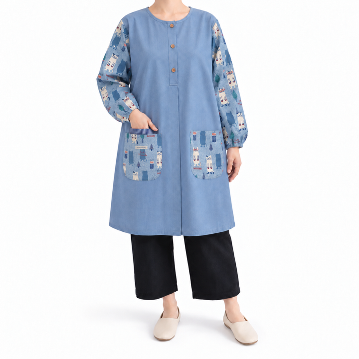 Kusuguru Japan Cat Long Sleeve Cotton Apron Smock-Blue image 2