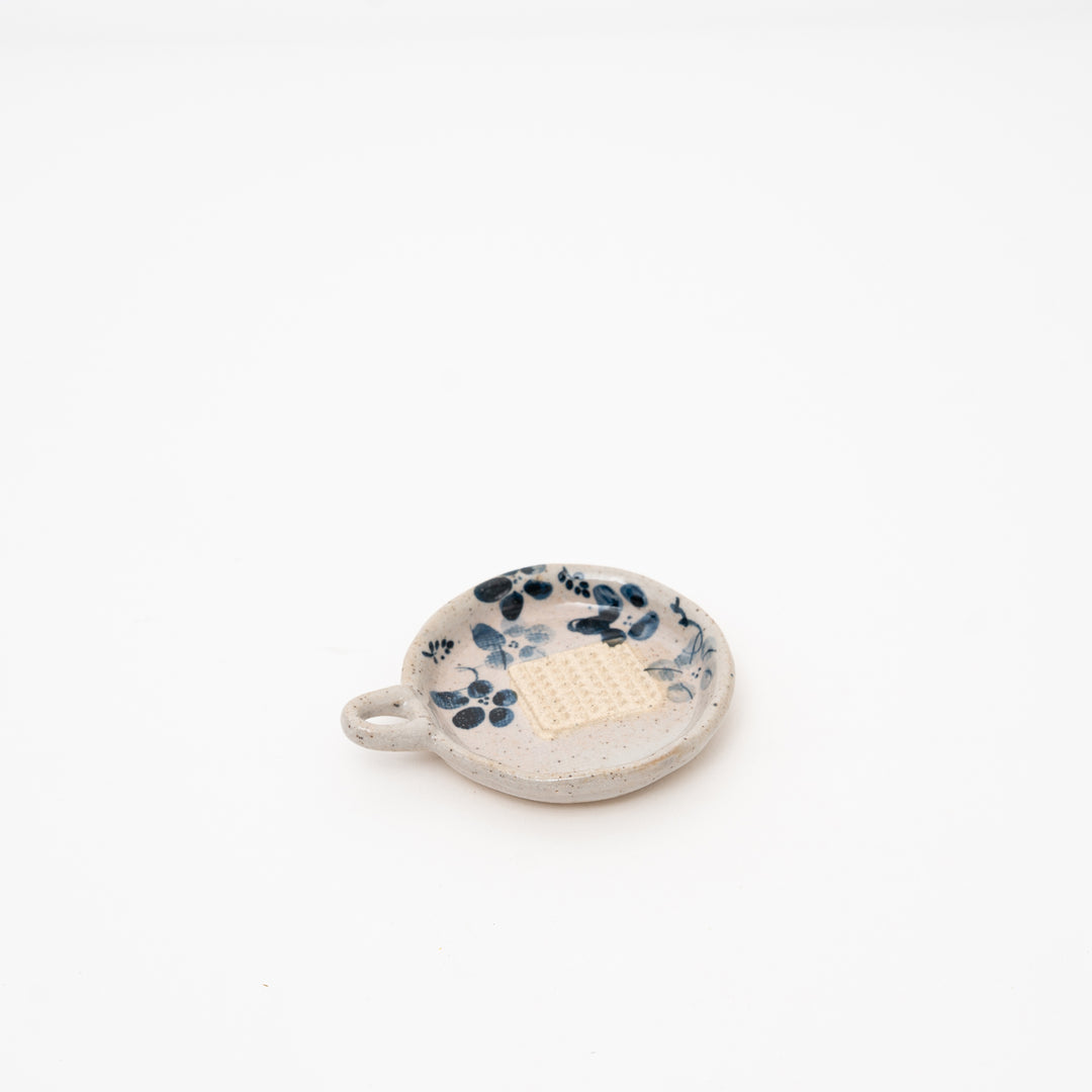 Handmade Japanese grater plate with blue indigo flower pattern