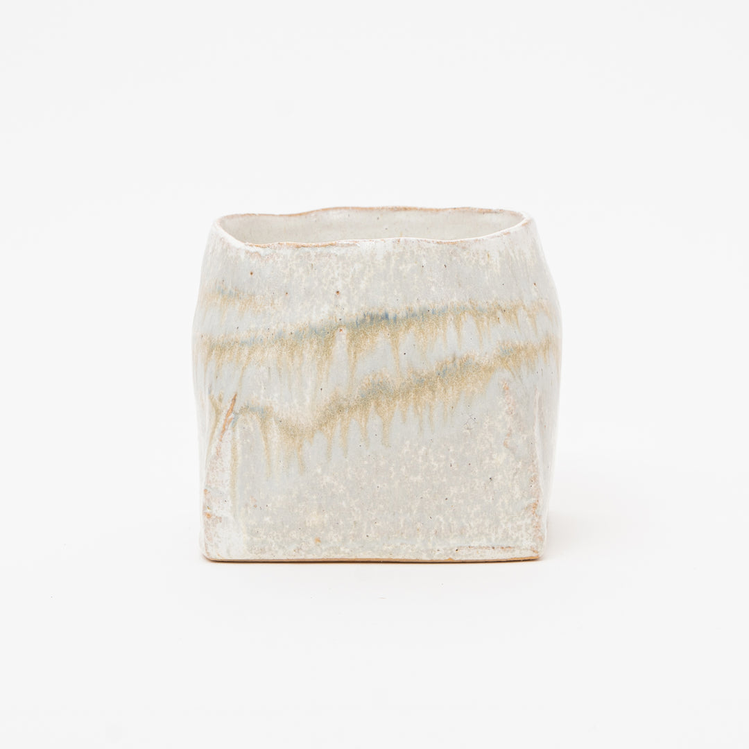 Handmade Japanese Wabi-Sabi ceramic vase. Low-profile Ikebana pottery with round mouth and square base for minimalist decor.