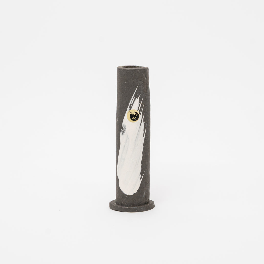 Japanese Shigaraki brush strike mini vase with white glaze accent on dark ceramic, 18cm height