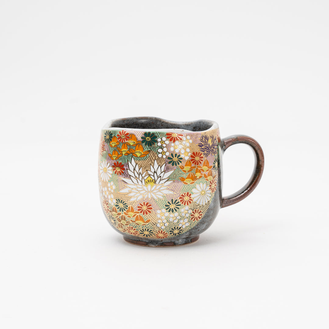 Handmade Japanese Kutani Ware mug with Hanazume floral design, golden chrysanthemums, and red maple leaves.