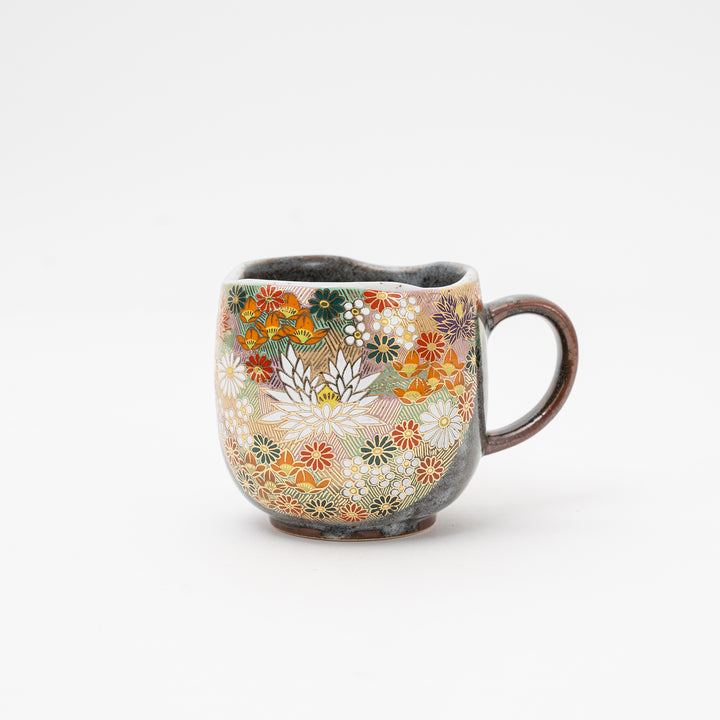 Handmade Japanese Kutani Ware mug with Hanazume floral design, golden chrysanthemums, and red maple leaves.