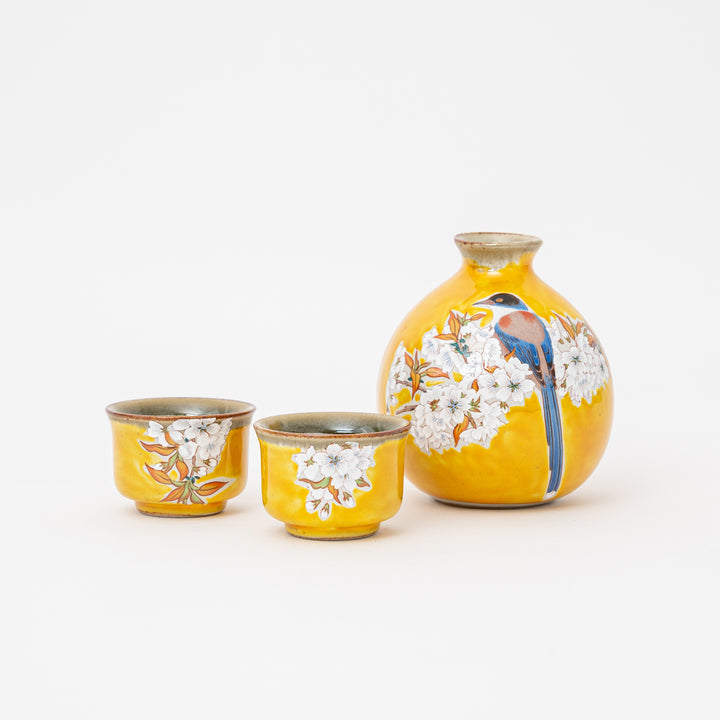 Handcrafted Kutani Ware Yoshidaya Cherry Blossom and Bird Sake Gift Set with bottle and two cups