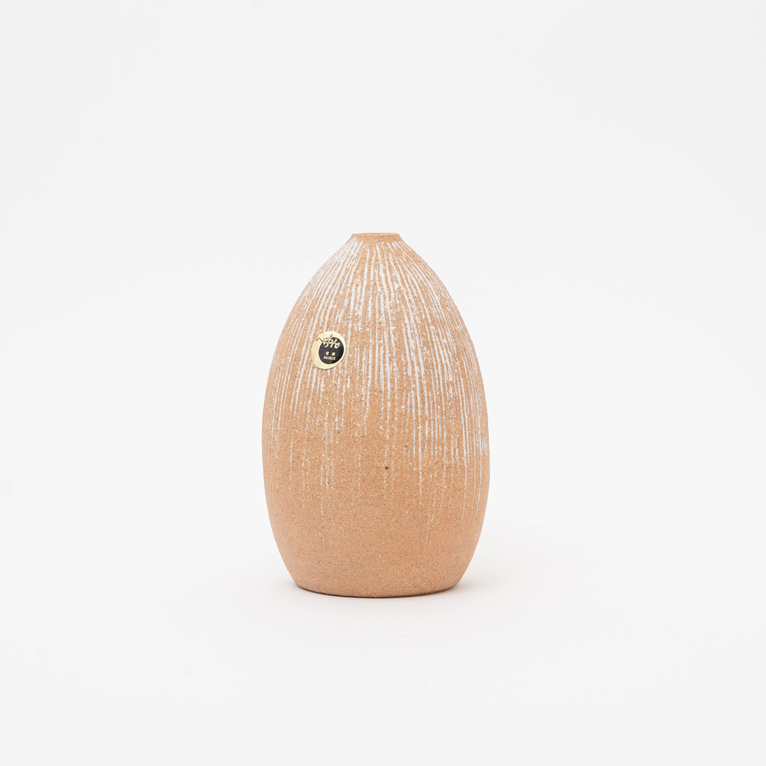 Handmade Shigaraki Ware Ikebana Vase 15cm tall with Kake-Ochitsu streaked texture.